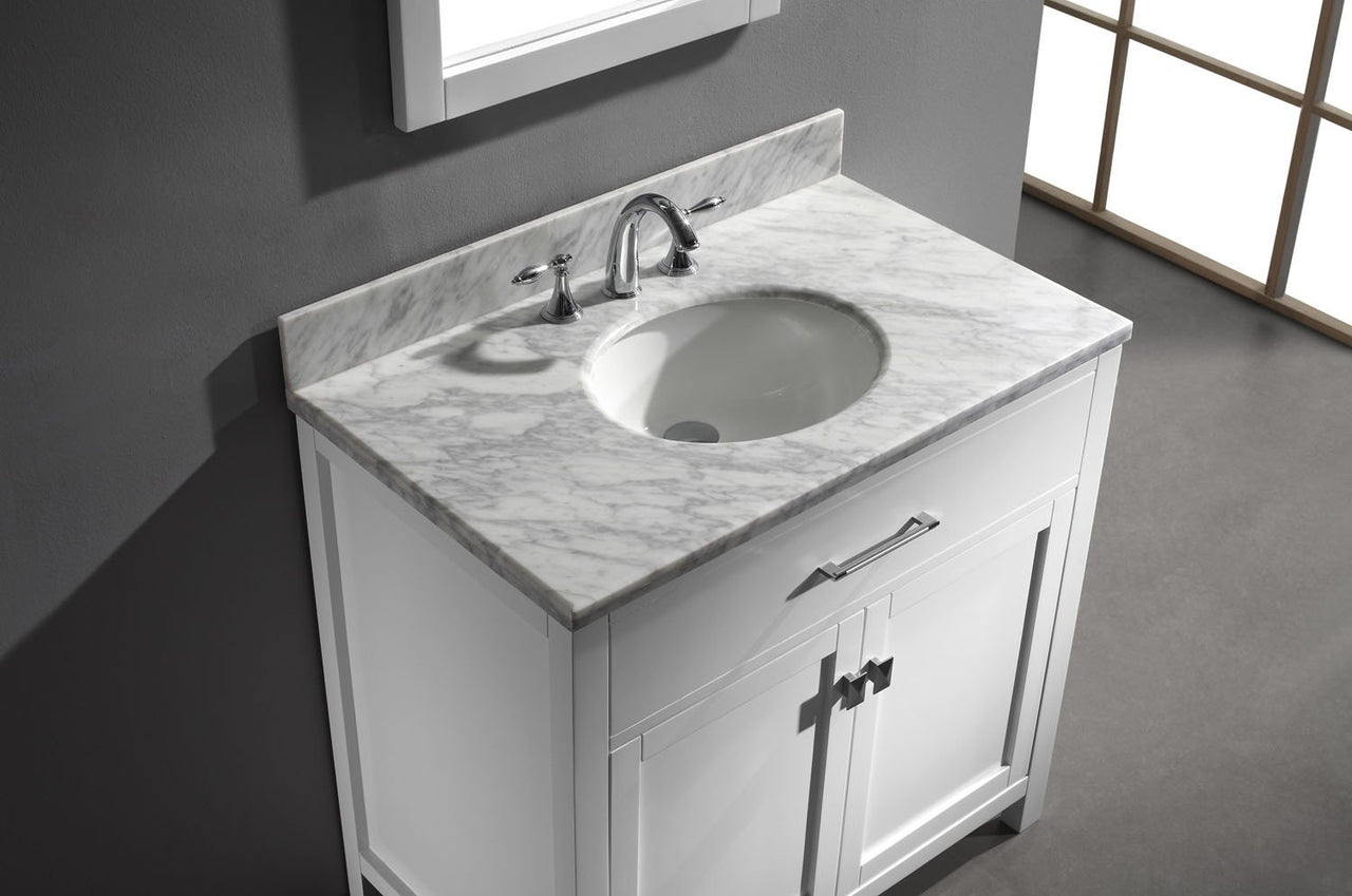 Virtu USA Caroline 36" Single Round Sink White Top Vanity in White with Mirror Vanity Virtu USA 