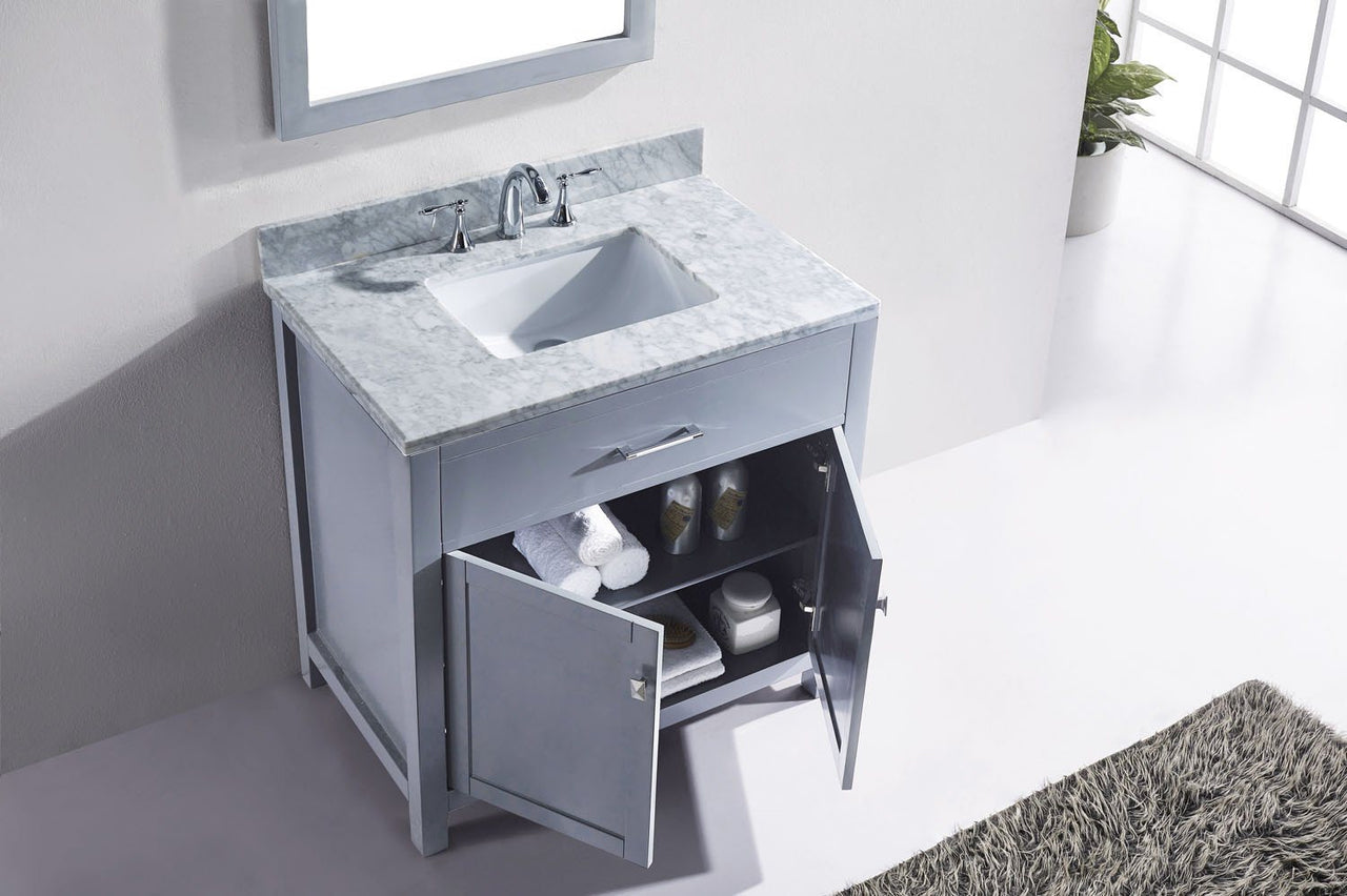 Virtu USA Caroline 36" Single Square Sink Grey Top Vanity in Grey with Mirror