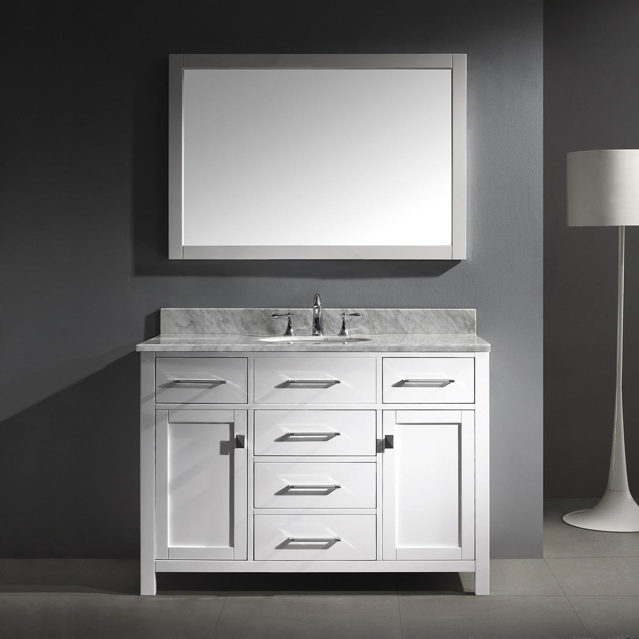 Virtu USA Caroline 48" Single Round Sink White Top Vanity in White with Mirror Vanity Virtu USA 