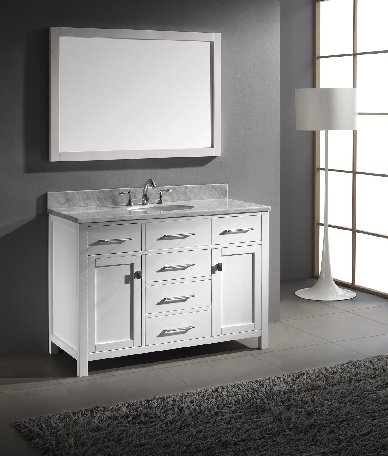 Virtu USA Caroline 48" Single Round Sink White Top Vanity in White with Mirror Vanity Virtu USA 