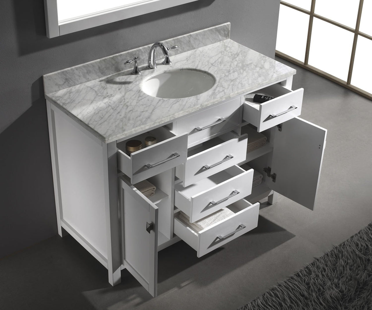 Virtu USA Caroline 48" Single Round Sink White Top Vanity in White with Mirror Vanity Virtu USA 