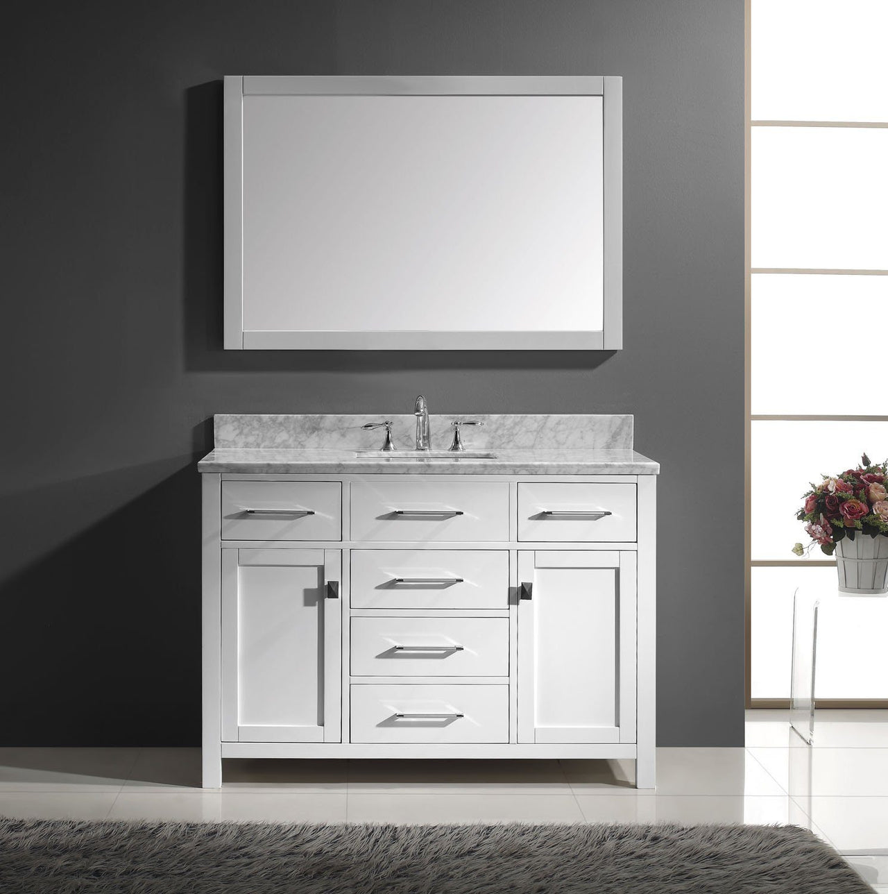 Virtu USA Caroline 48" Single Square Sink White Top Vanity in White with Mirror Vanity Virtu USA 