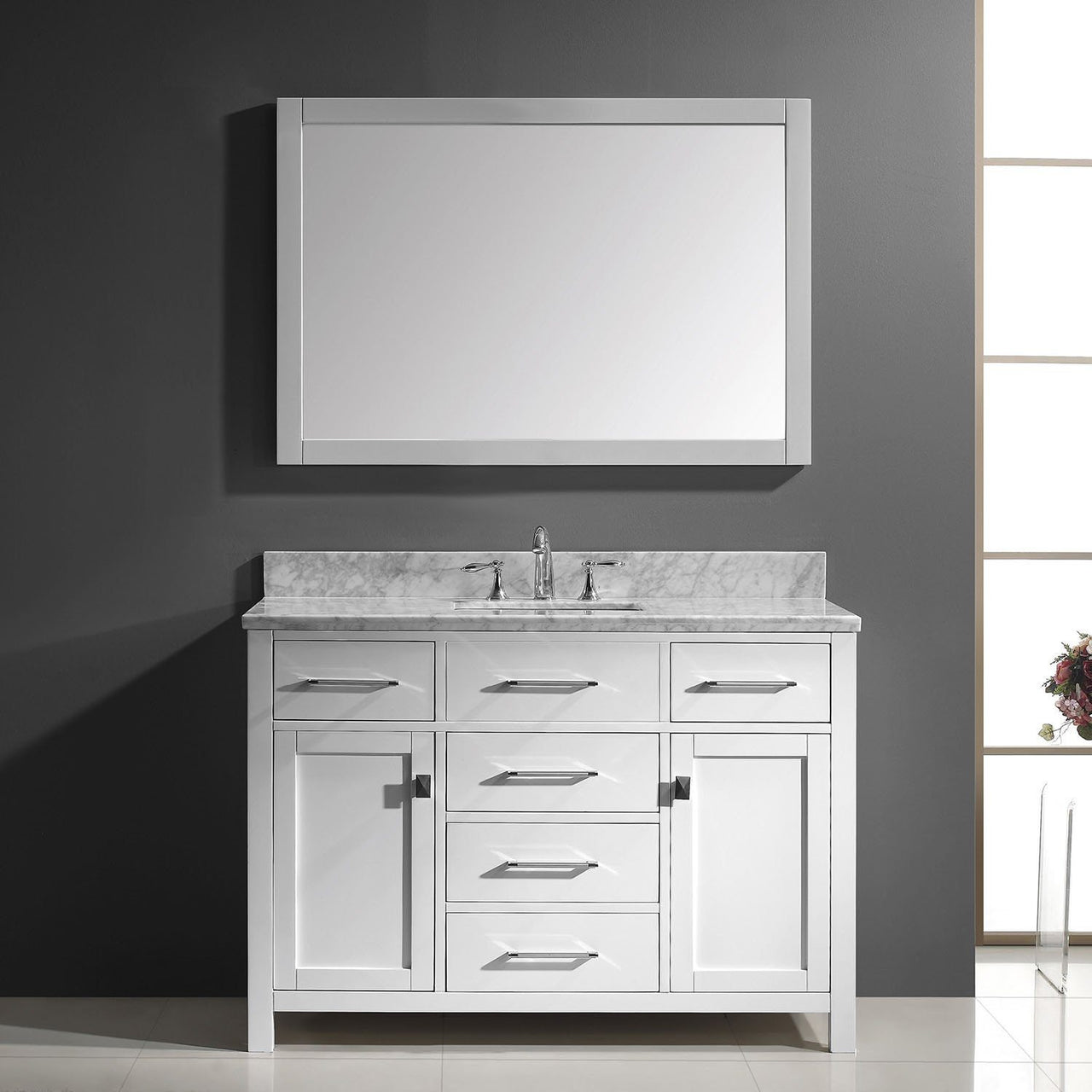 Virtu USA Caroline 48" Single Square Sink White Top Vanity in White with Mirror Vanity Virtu USA 