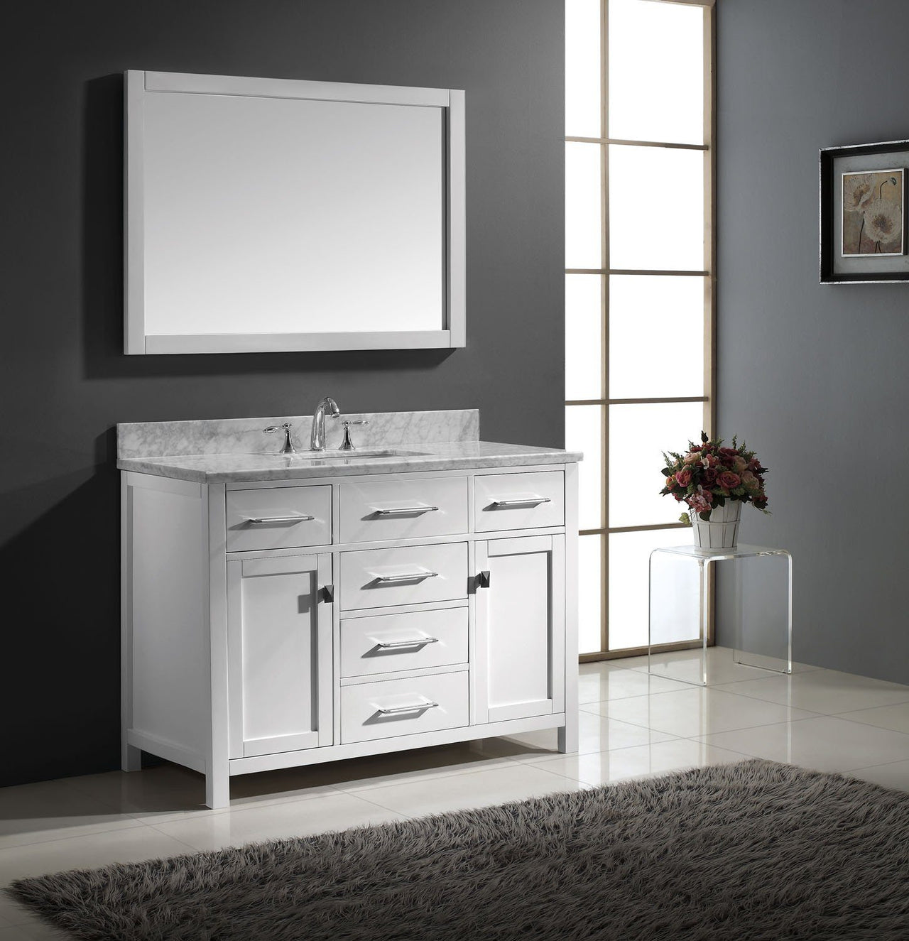 Virtu USA Caroline 48" Single Square Sink White Top Vanity in White with Mirror Vanity Virtu USA 