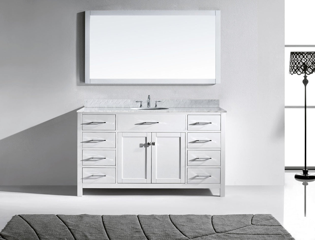 Virtu USA Caroline 60" Single Round Sink White Top Vanity in White with Mirror Vanity Virtu USA 