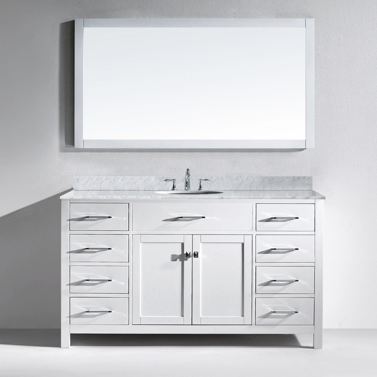 Virtu USA Caroline 60" Single Round Sink White Top Vanity in White with Mirror Vanity Virtu USA 