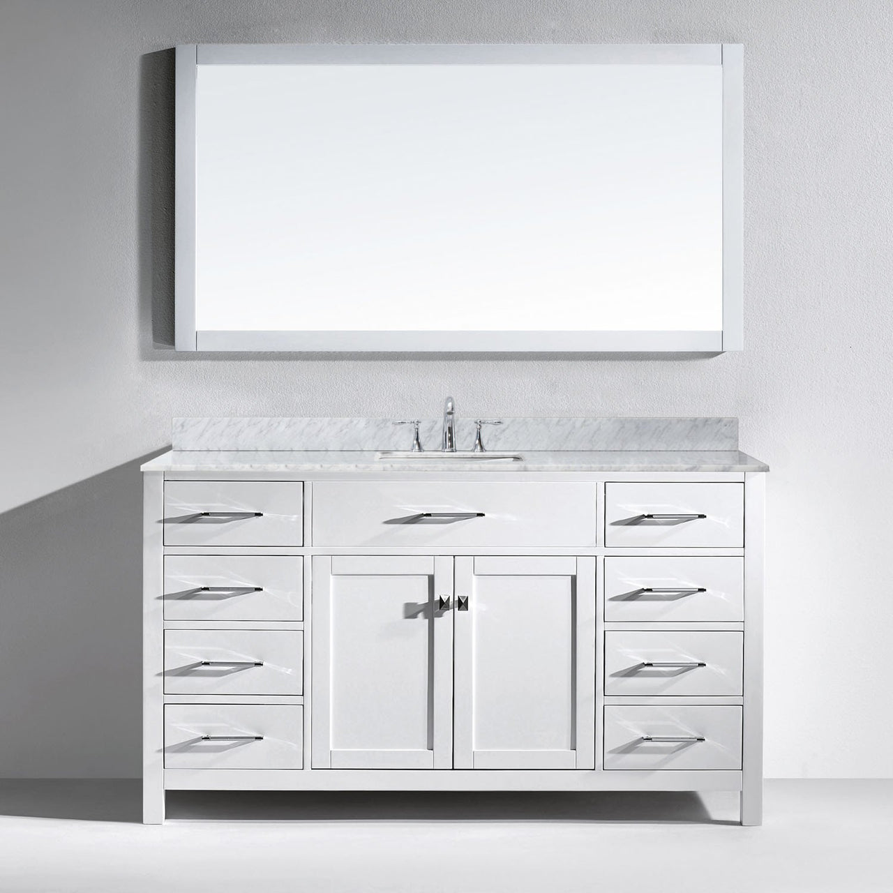 Virtu USA Caroline 60" Single Square Sink White Top Vanity in White with Mirror Vanity Virtu USA 