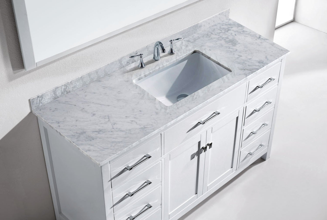 Virtu USA Caroline 60" Single Square Sink White Top Vanity in White with Mirror Vanity Virtu USA 