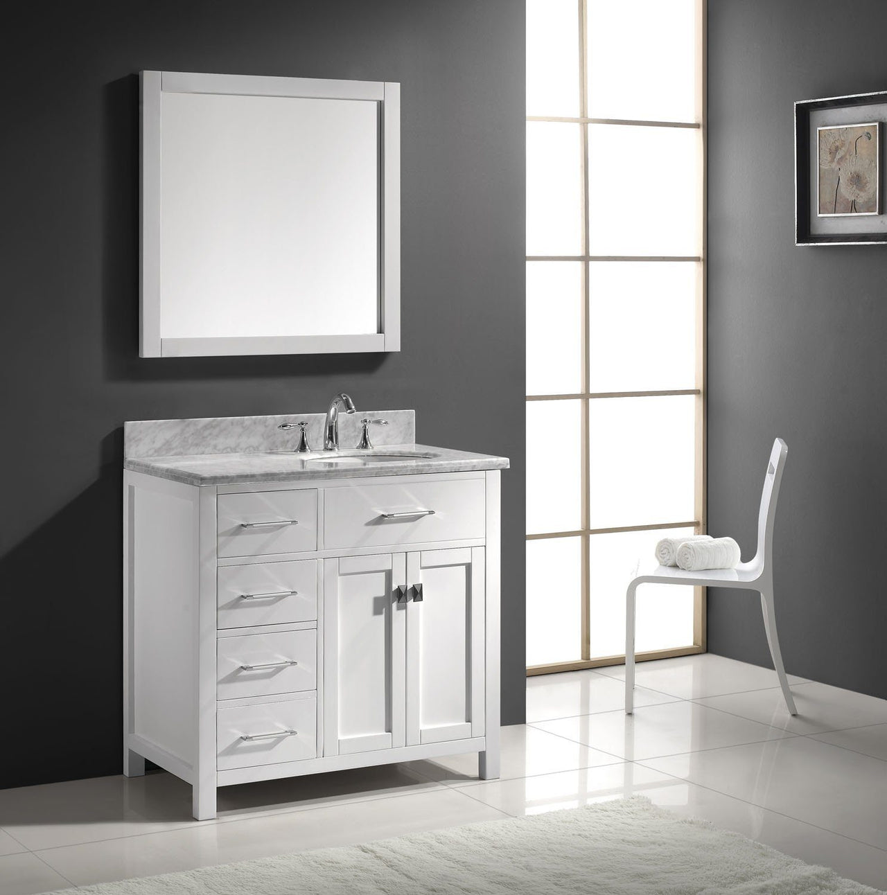 Virtu USA Caroline Parkway 36" Single Round Sink White Top Vanity in White with Mirror Vanity Virtu USA 