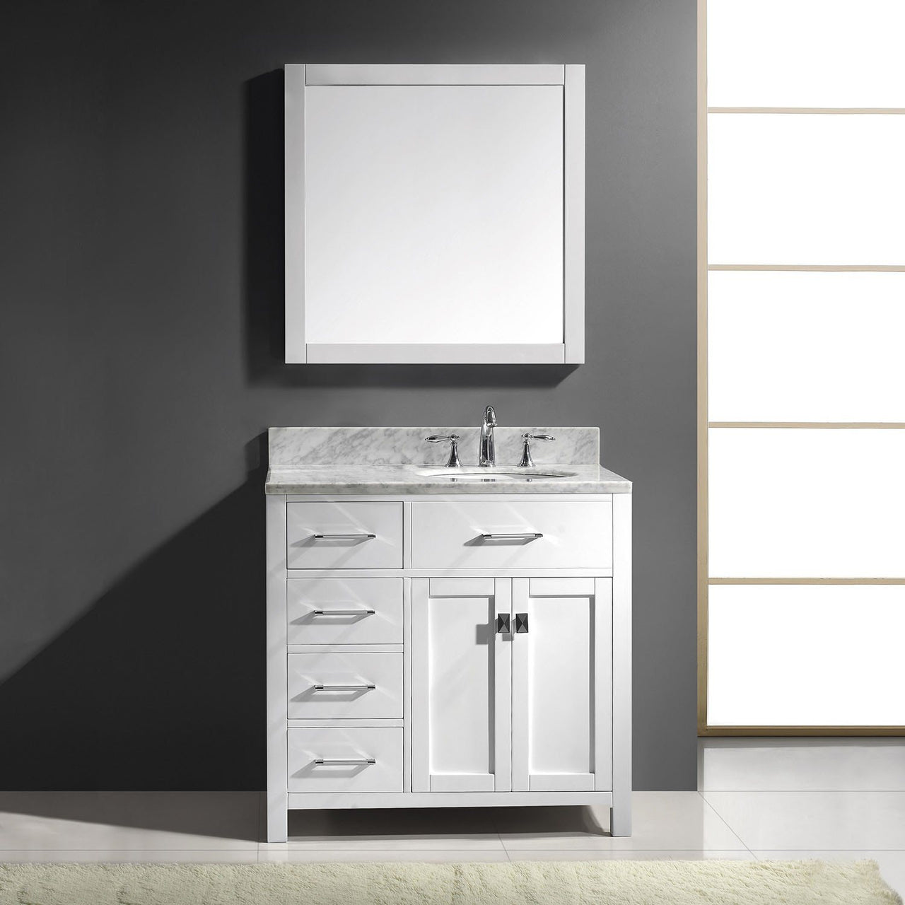 Virtu USA Caroline Parkway 36" Single Round Sink White Top Vanity in White with Mirror Vanity Virtu USA 