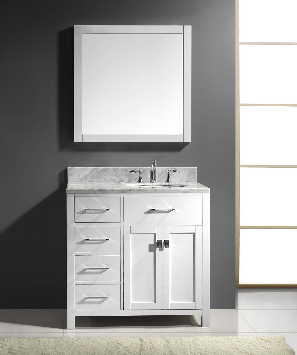 Virtu USA Caroline Parkway 36" Single Round Sink White Top Vanity in White with Mirror Vanity Virtu USA 