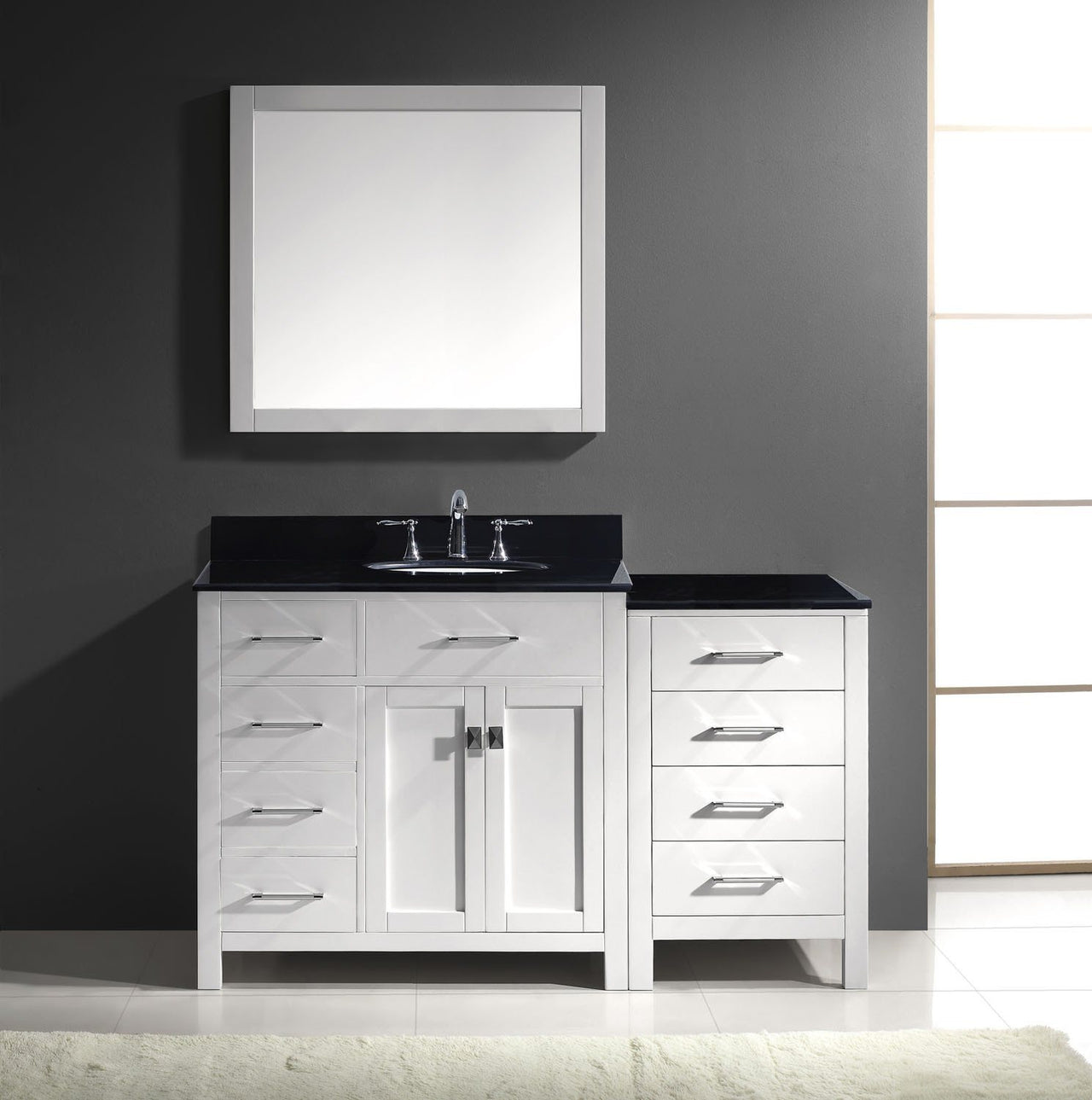 Virtu USA Caroline Parkway 57" Single Round Sink White Top Vanity in White with Mirror Vanity Virtu USA 