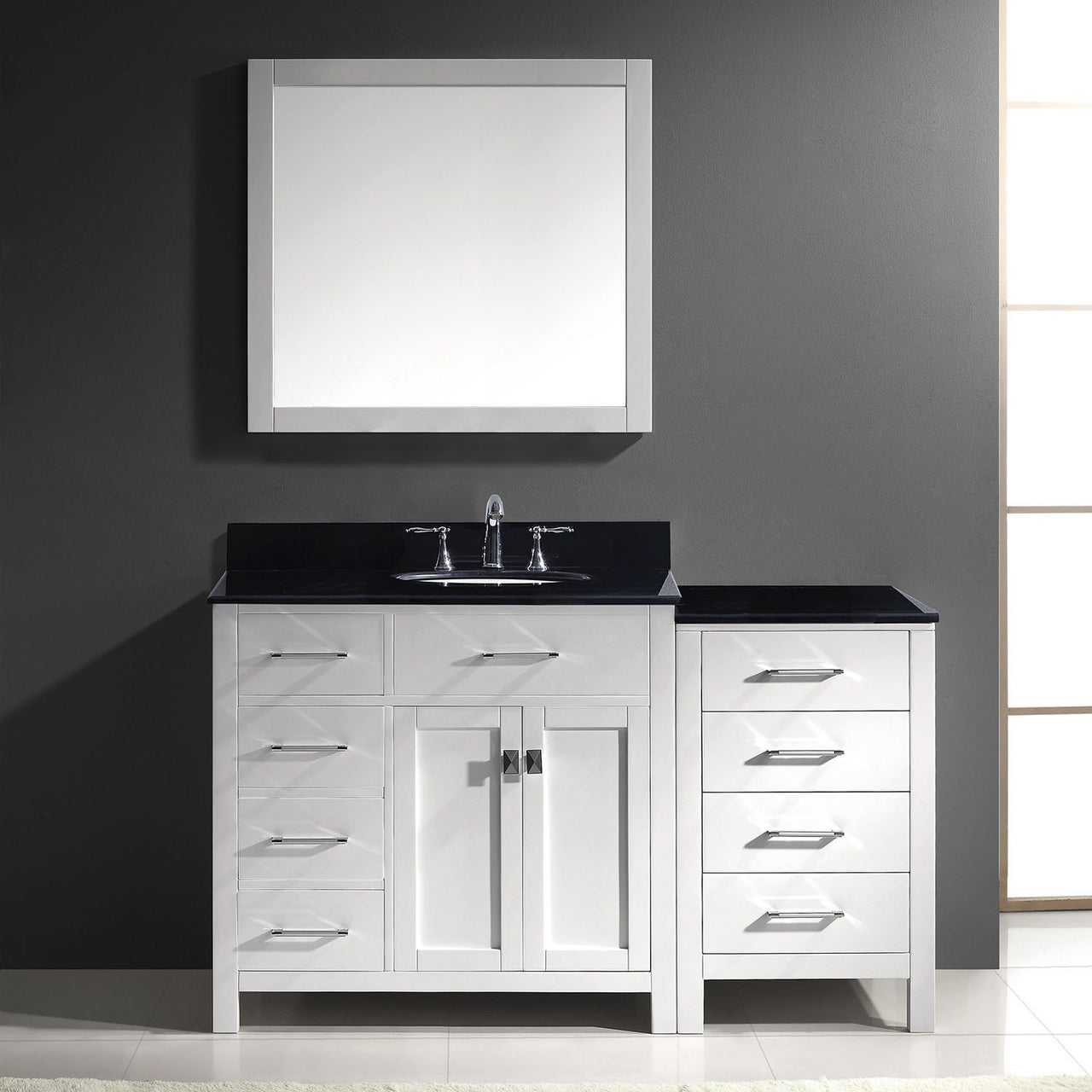 Virtu USA Caroline Parkway 57" Single Round Sink White Top Vanity in White with Mirror Vanity Virtu USA 