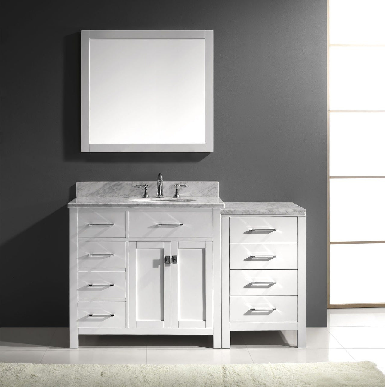 Virtu USA Caroline Parkway 57" Single Round Sink White Top Vanity in White with Mirror Vanity Virtu USA 