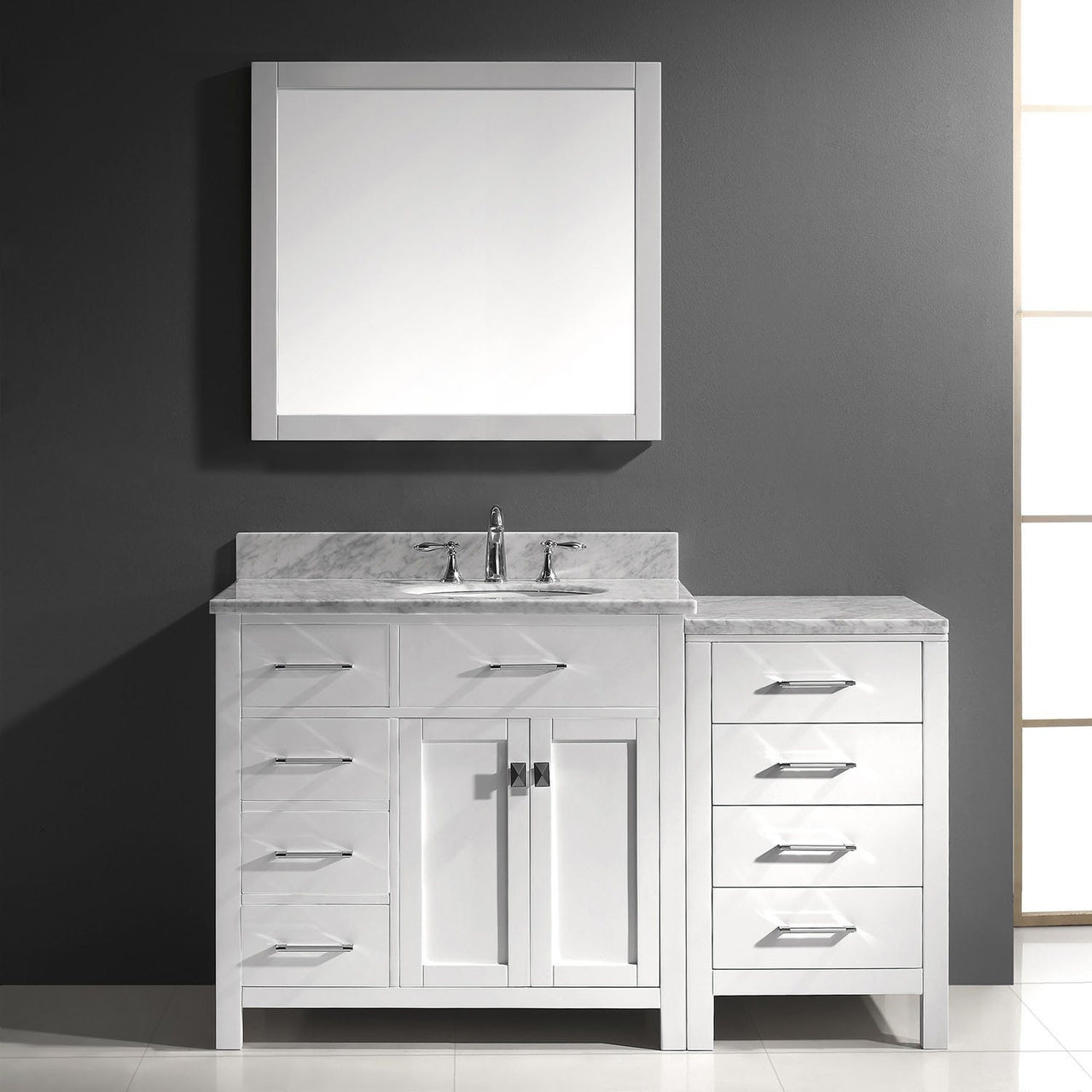 Virtu USA Caroline Parkway 57" Single Round Sink White Top Vanity in White with Mirror Vanity Virtu USA 