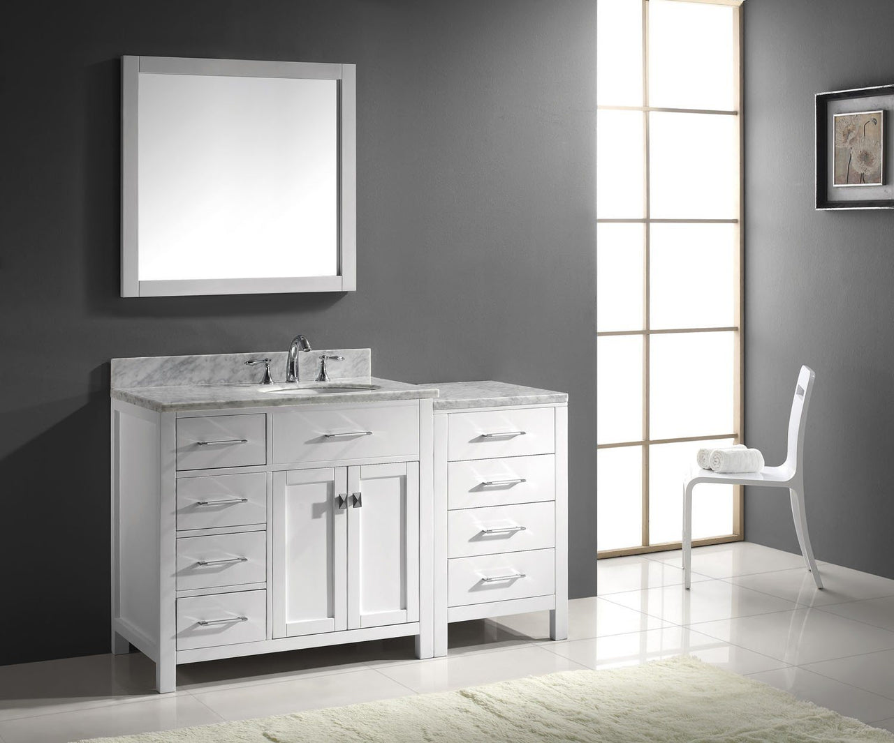 Virtu USA Caroline Parkway 57" Single Round Sink White Top Vanity in White with Mirror Vanity Virtu USA 