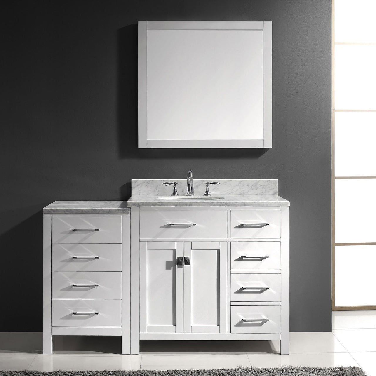 Virtu USA Caroline Parkway 57" Single Round Sink White Top Vanity in White with Mirror Vanity Virtu USA 