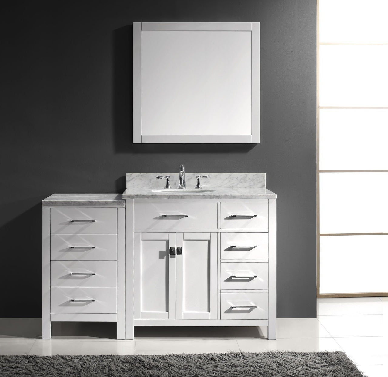 Virtu USA Caroline Parkway 57" Single Round Sink White Top Vanity in White with Mirror Vanity Virtu USA 