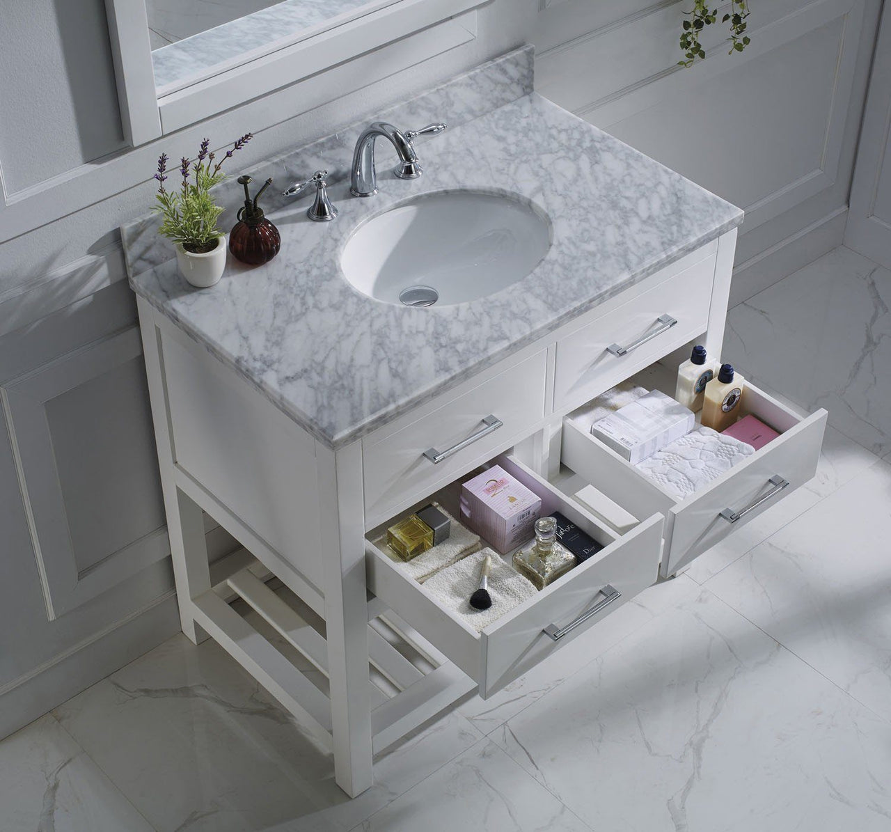 Virtu USA Caroline Estate 36" Single Round Sink White Top Vanity with Mirror Vanity Virtu USA 