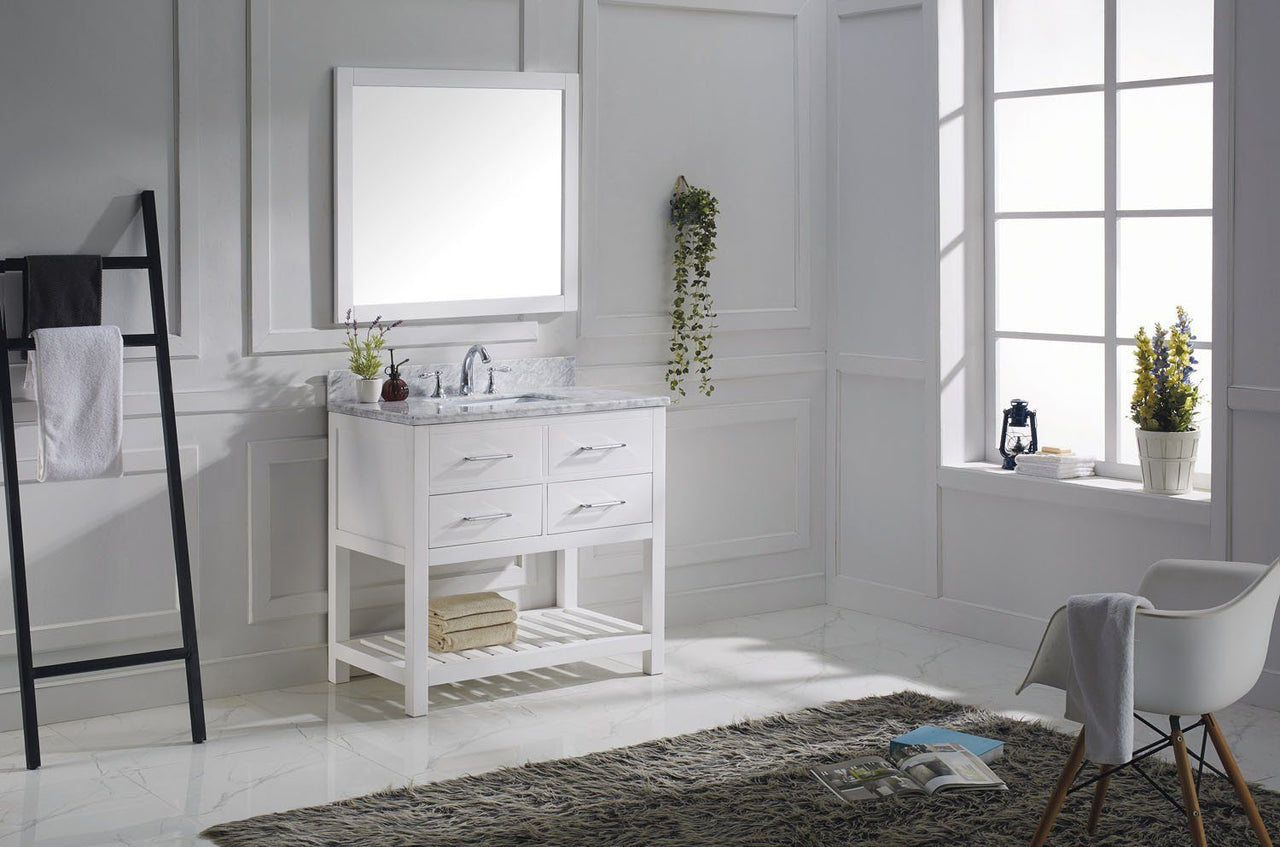 Virtu USA Caroline Estate 36" Single Square Sink White Top Vanity in White with Mirror Vanity Virtu USA 