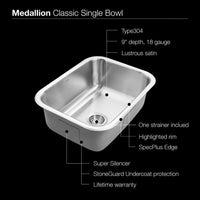 Thumbnail for Houzer Medallion Classic Series Undermount Stainless Steel Single Bowl Kitchen Sink Kitchen Sink - Undermount Houzer 