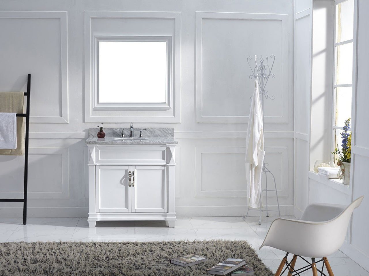 Virtu USA Victoria 36" Single Round Sink White Top Vanity in White with Mirror Vanity Virtu USA 