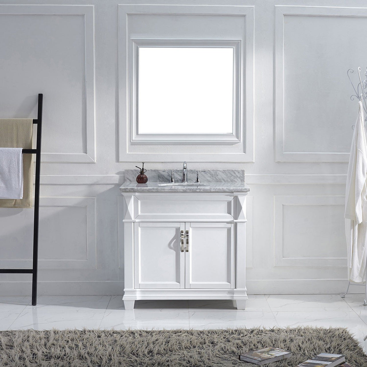 Virtu USA Victoria 36" Single Round Sink White Top Vanity in White with Mirror Vanity Virtu USA 