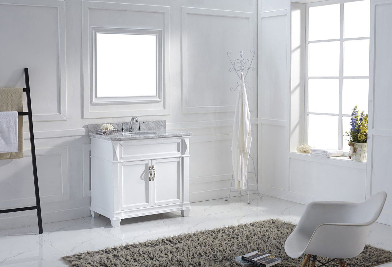 Virtu USA Victoria 36" Single Round Sink White Top Vanity in White with Mirror Vanity Virtu USA 
