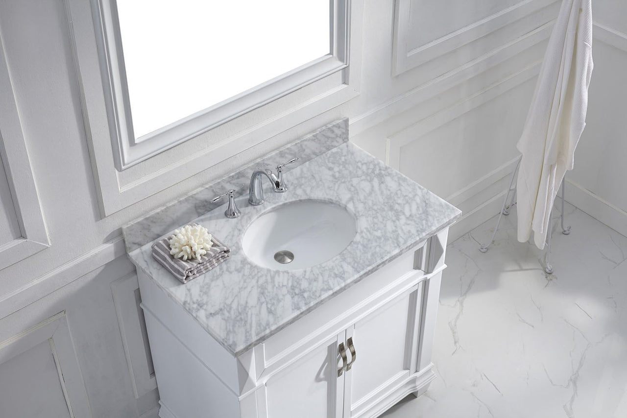 Virtu USA Victoria 36" Single Round Sink White Top Vanity in White with Mirror Vanity Virtu USA 