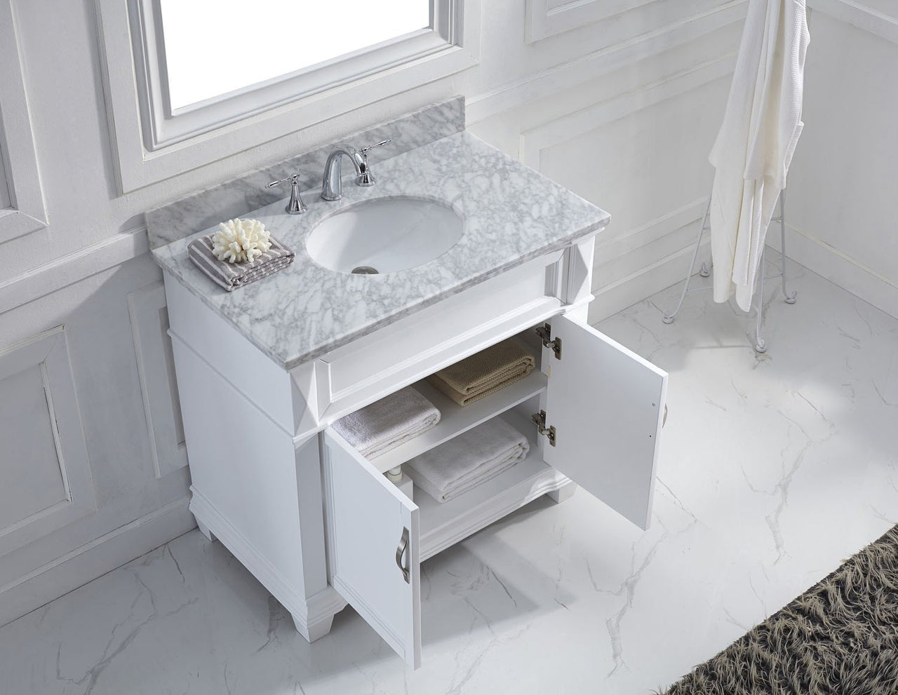 Virtu USA Victoria 36" Single Round Sink White Top Vanity in White with Mirror Vanity Virtu USA 