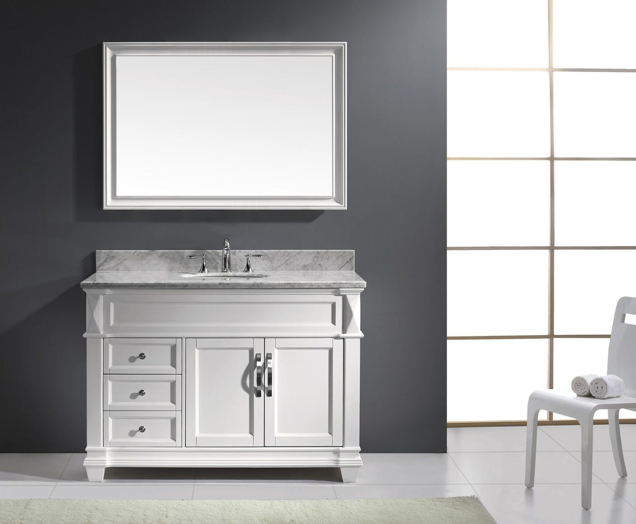 Virtu USA Victoria 48" Single Round Sink White Top Vanity in White with Mirror Vanity Virtu USA 