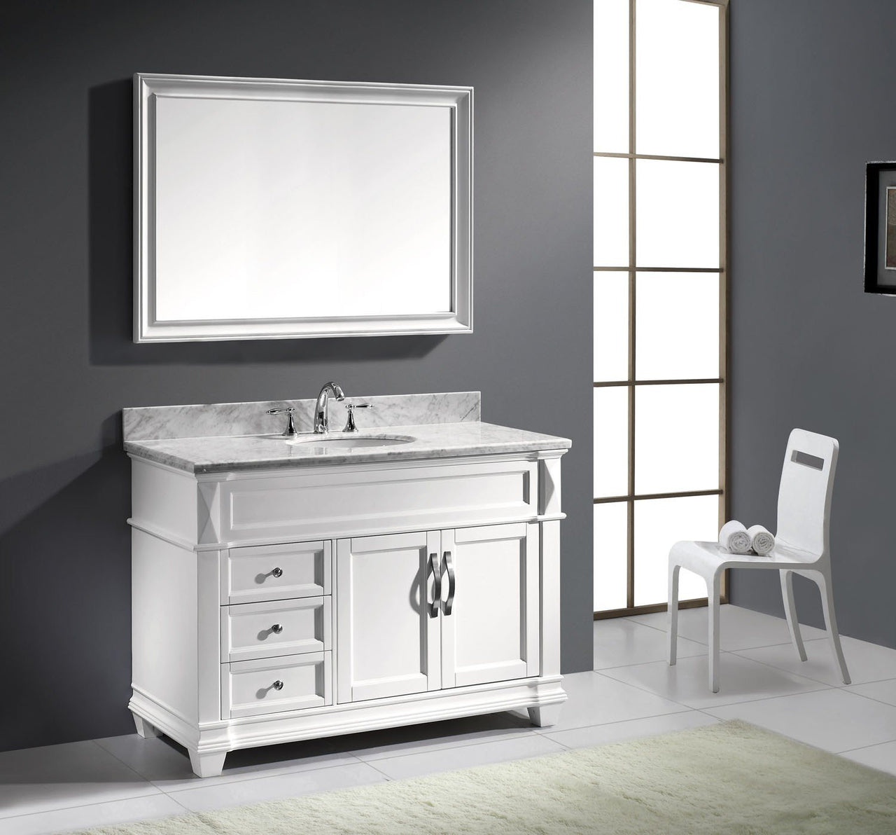 Virtu USA Victoria 48" Single Round Sink White Top Vanity in White with Mirror Vanity Virtu USA 
