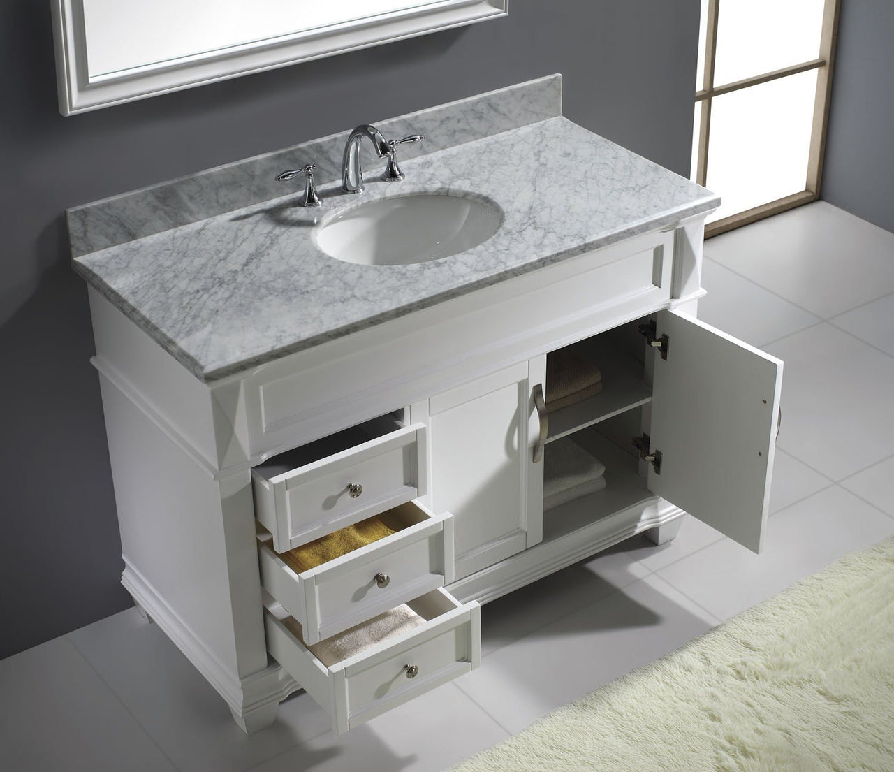 Virtu USA Victoria 48" Single Round Sink White Top Vanity in White with Mirror Vanity Virtu USA 