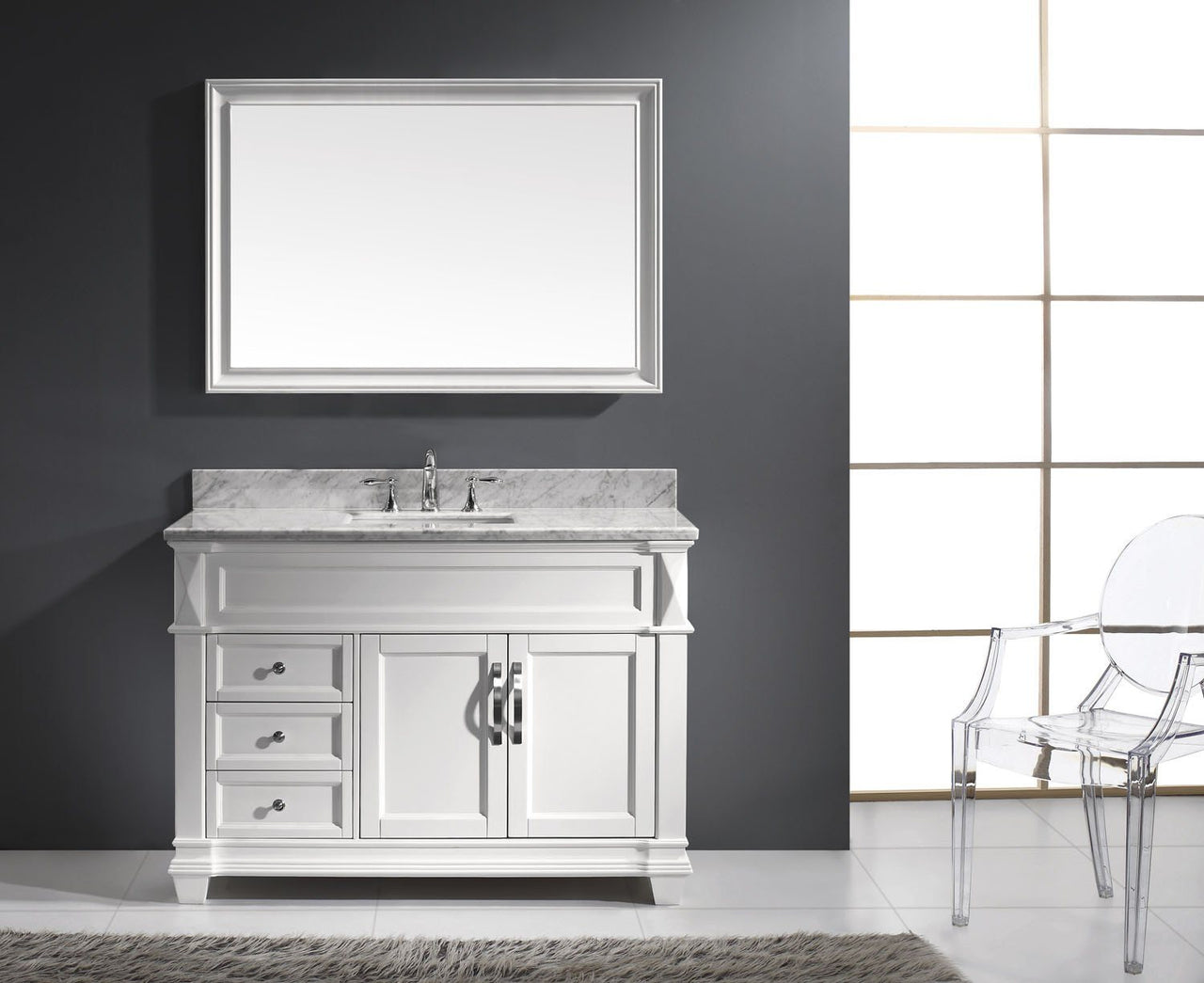 Virtu USA Victoria 48" Single Square Sink White Top Vanity in White with Mirror Vanity Virtu USA 
