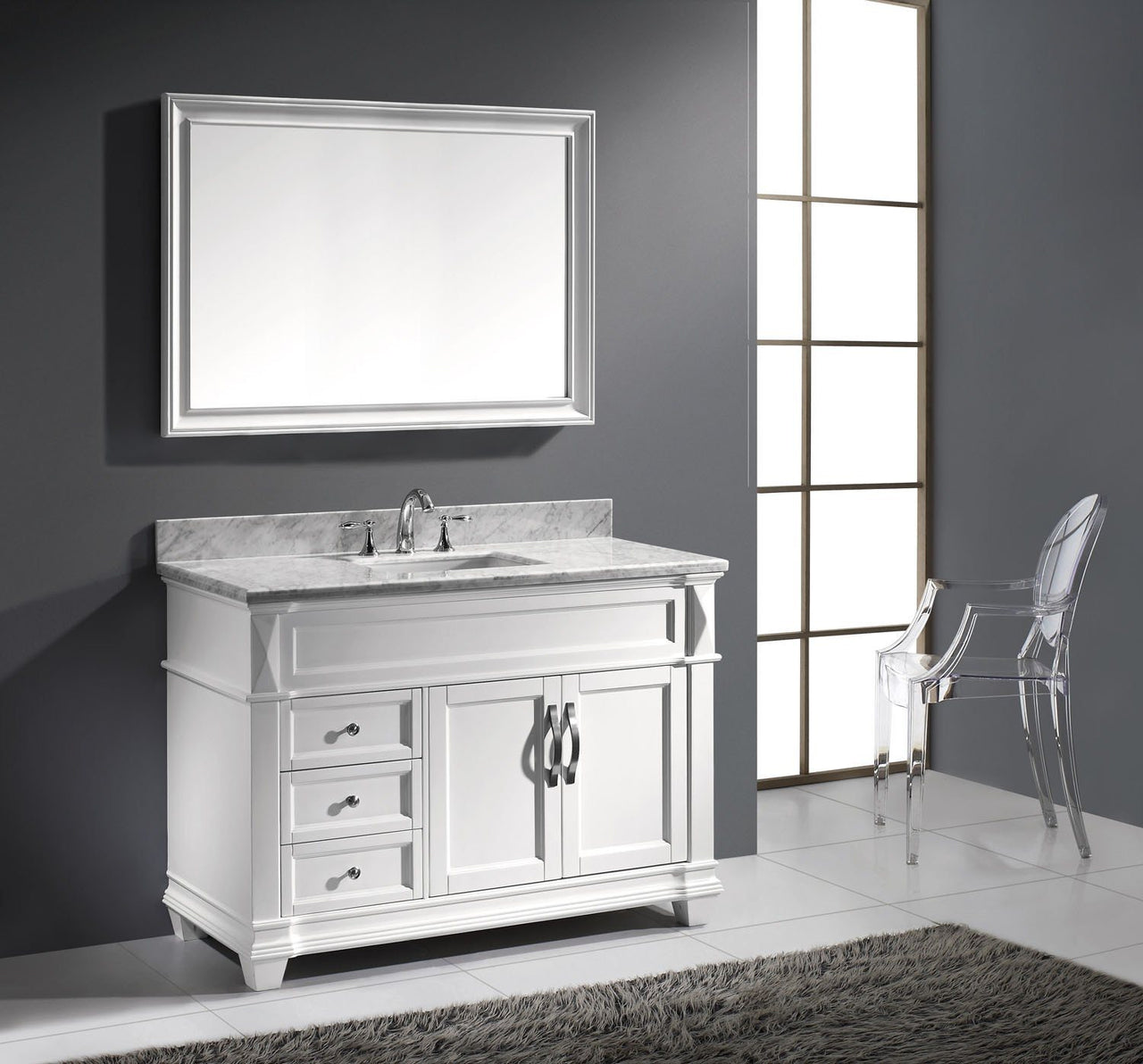 Virtu USA Victoria 48" Single Square Sink White Top Vanity in White with Mirror Vanity Virtu USA 