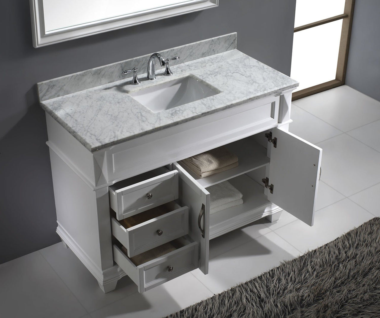 Virtu USA Victoria 48" Single Square Sink White Top Vanity in White with Mirror Vanity Virtu USA 