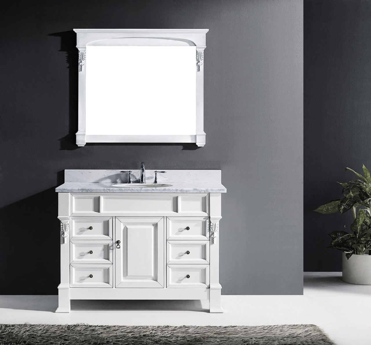 Virtu USA Huntshire Manor 48" Single Round Sink White Top Vanity in White with Mirror Vanity Virtu USA 