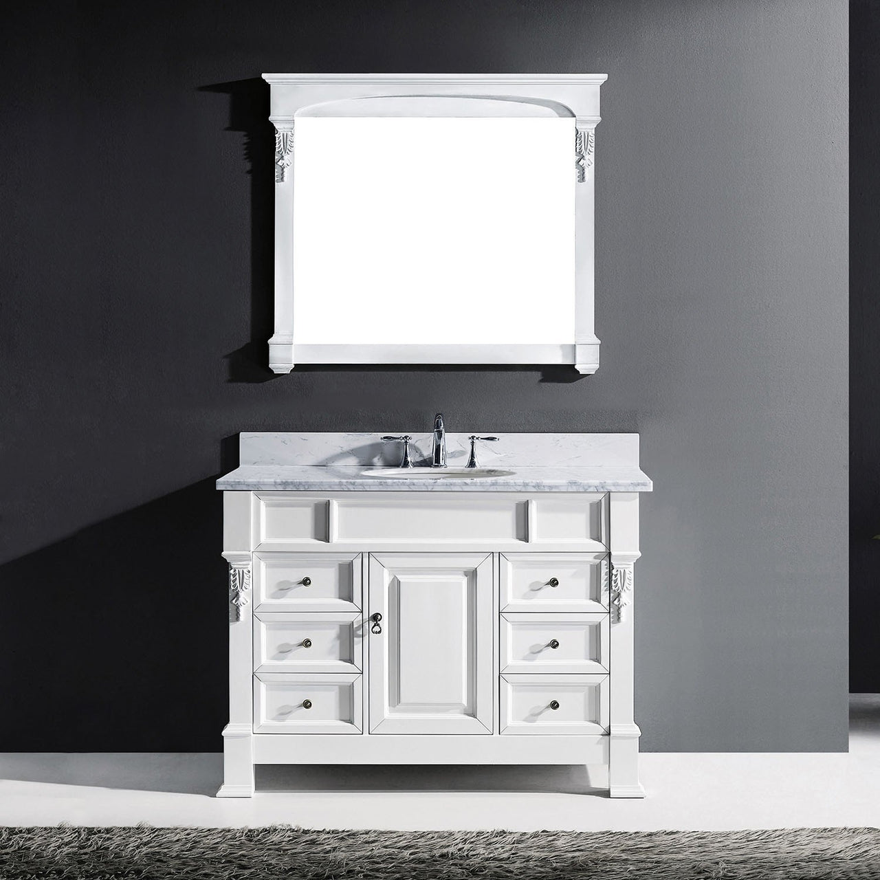 Virtu USA Huntshire Manor 48" Single Round Sink White Top Vanity in White with Mirror Vanity Virtu USA 