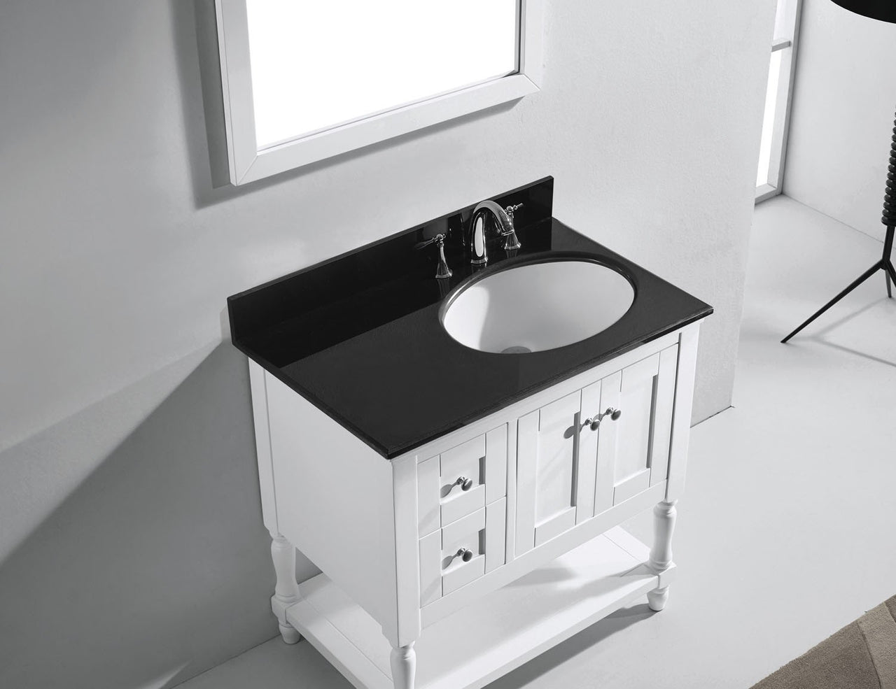 Virtu USA Julianna 36" Single Round Sink White Top Vanity in White with Mirror