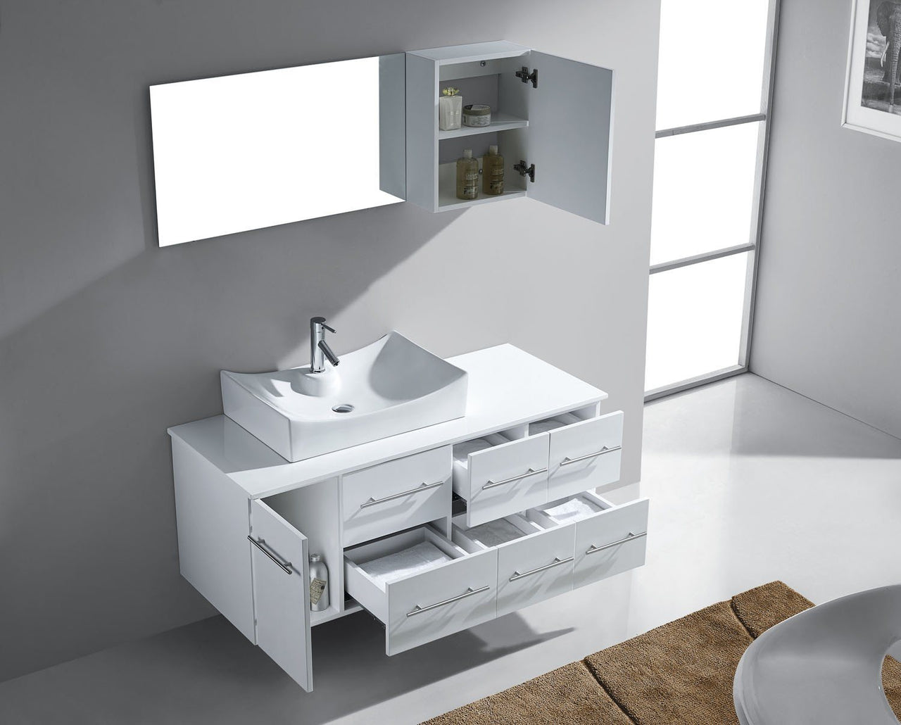 Virtu USA Ceanna 55" Single Square Sink White Top Vanity in White with Brushed Nickel Faucet and Mirror Vanity Virtu USA 
