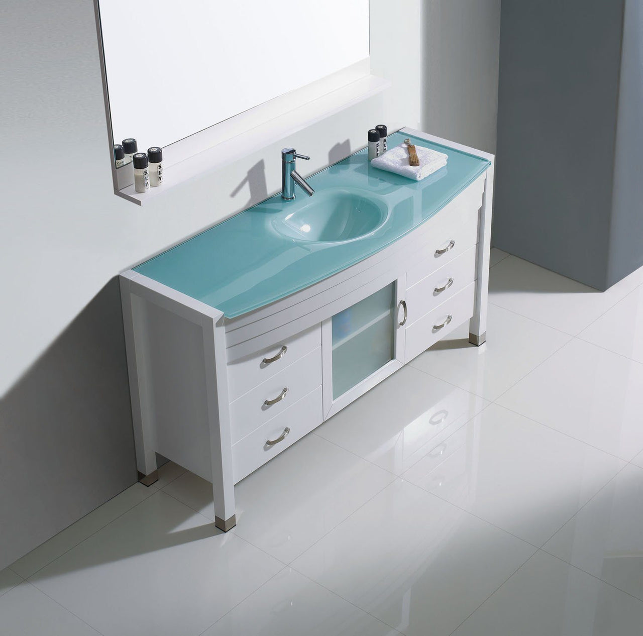 Virtu USA Ava 55" Single Round Sink White Top Vanity with Brushed Nickel Faucet and Mirror Vanity Virtu USA 