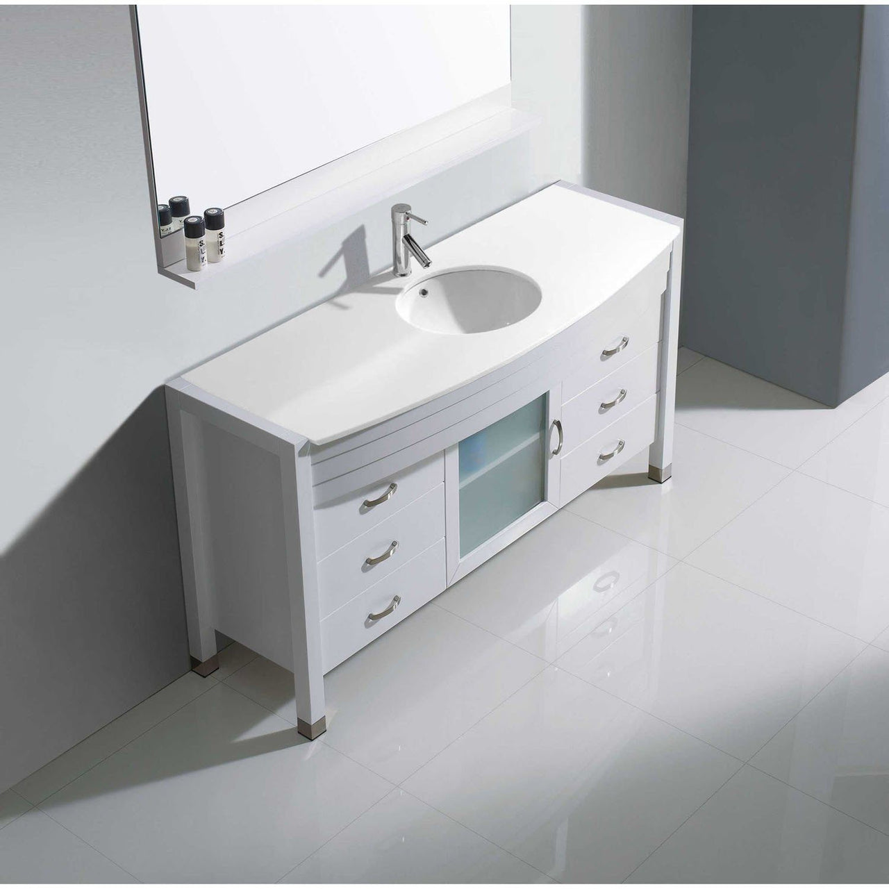 Virtu USA Ava 55" Single Round Sink White Top Vanity in White with Polished Chrome Faucet and Mirror Vanity Virtu USA 