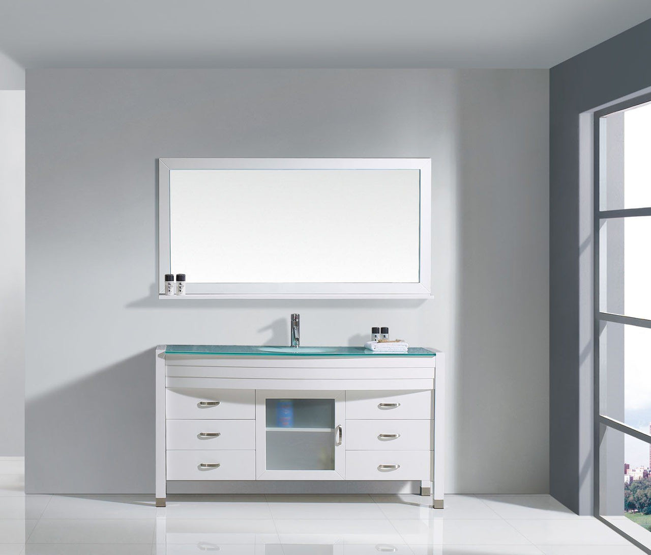 Virtu USA Ava 61" Single Round Sink White Top Vanity in White with Polished Chrome Faucet and Mirror Vanity Virtu USA 