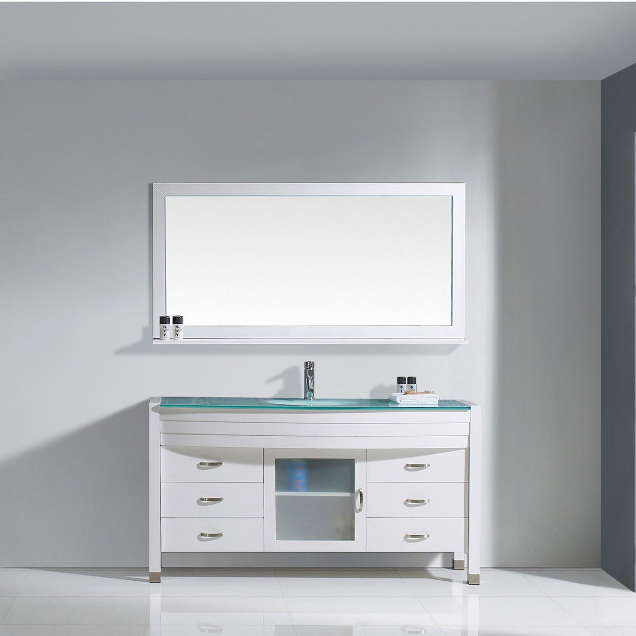 Virtu USA Ava 61" Single Round Sink White Top Vanity in White with Polished Chrome Faucet and Mirror Vanity Virtu USA 