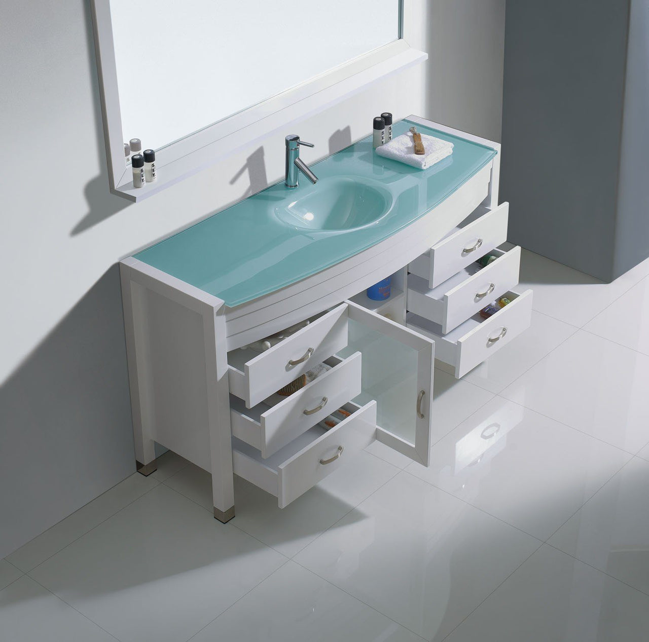 Virtu USA Ava 61" Single Round Sink White Top Vanity in White with Brushed Nickel Faucet and Mirror Vanity Virtu USA 