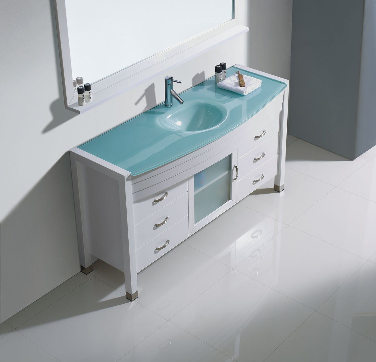 Virtu USA Ava 61" Single Round Sink White Top Vanity in White with Brushed Nickel Faucet and Mirror Vanity Virtu USA 