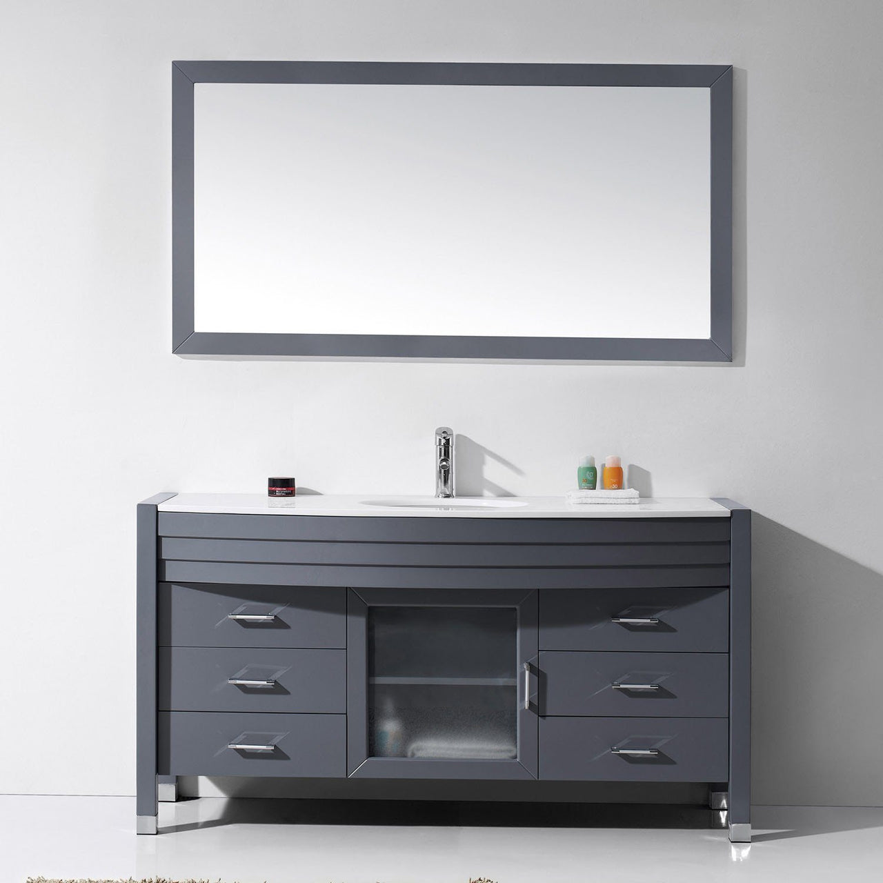 Virtu USA Ava 61" Single Round Sink Grey Top Vanity with Polished Chrome Faucet and Mirror Vanity Virtu USA 