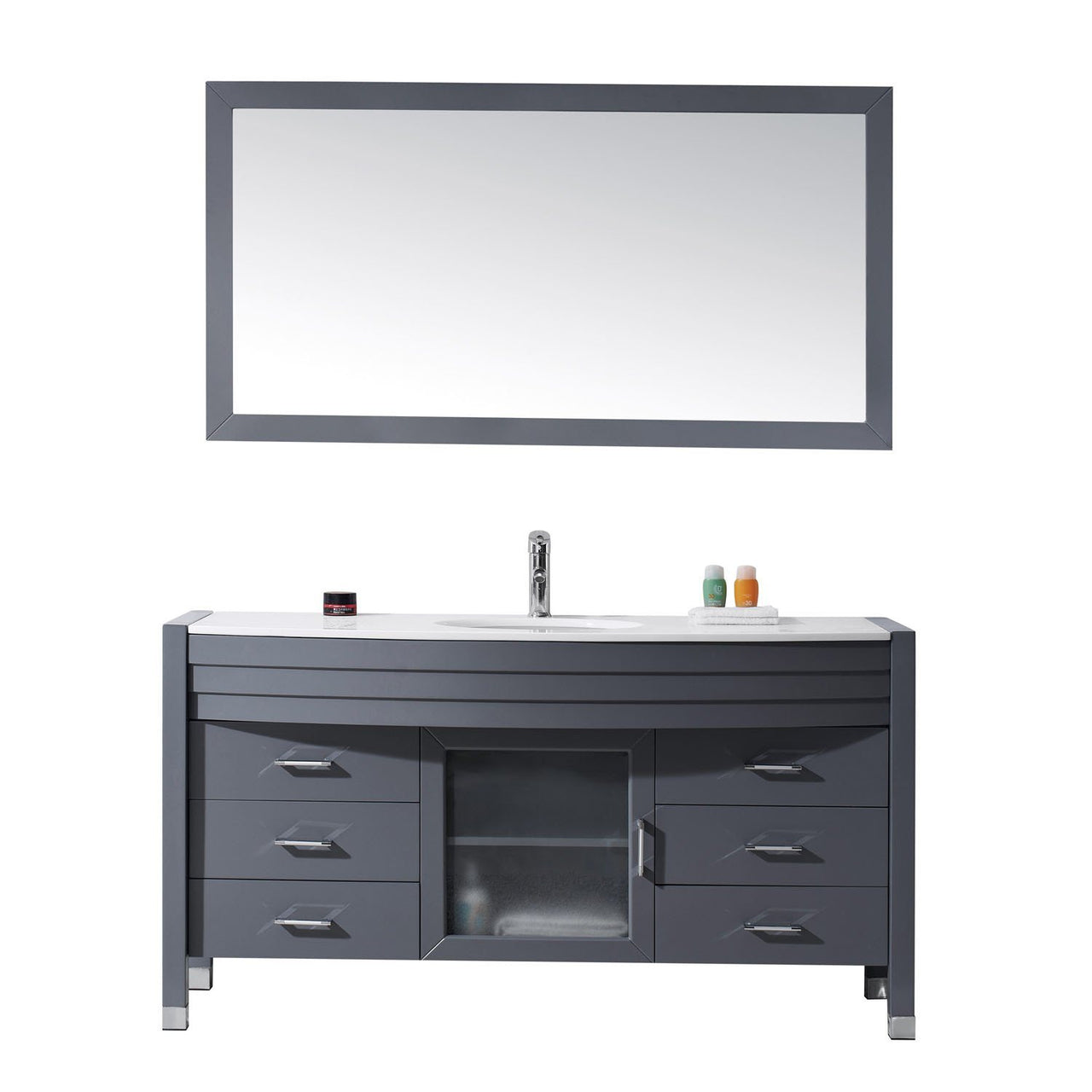 Virtu USA Ava 61" Single Round Sink Grey Top Vanity with Polished Chrome Faucet and Mirror Vanity Virtu USA 