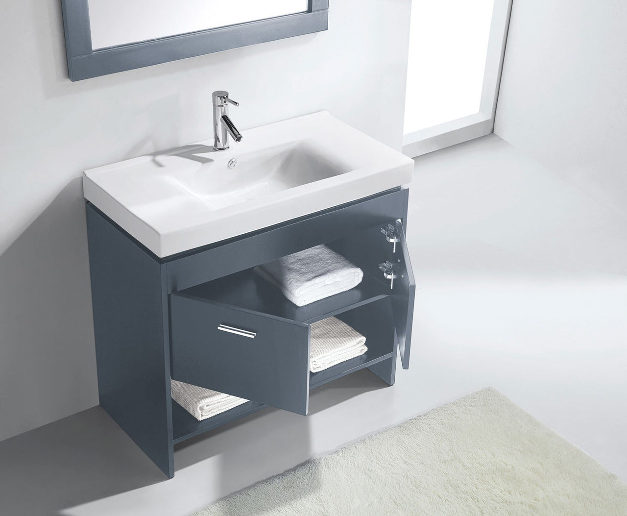 Virtu USA Gloria 36" Single Square Sink Grey Top Vanity in Grey with Polished Chrome Faucet and Mirror Vanity Virtu USA 