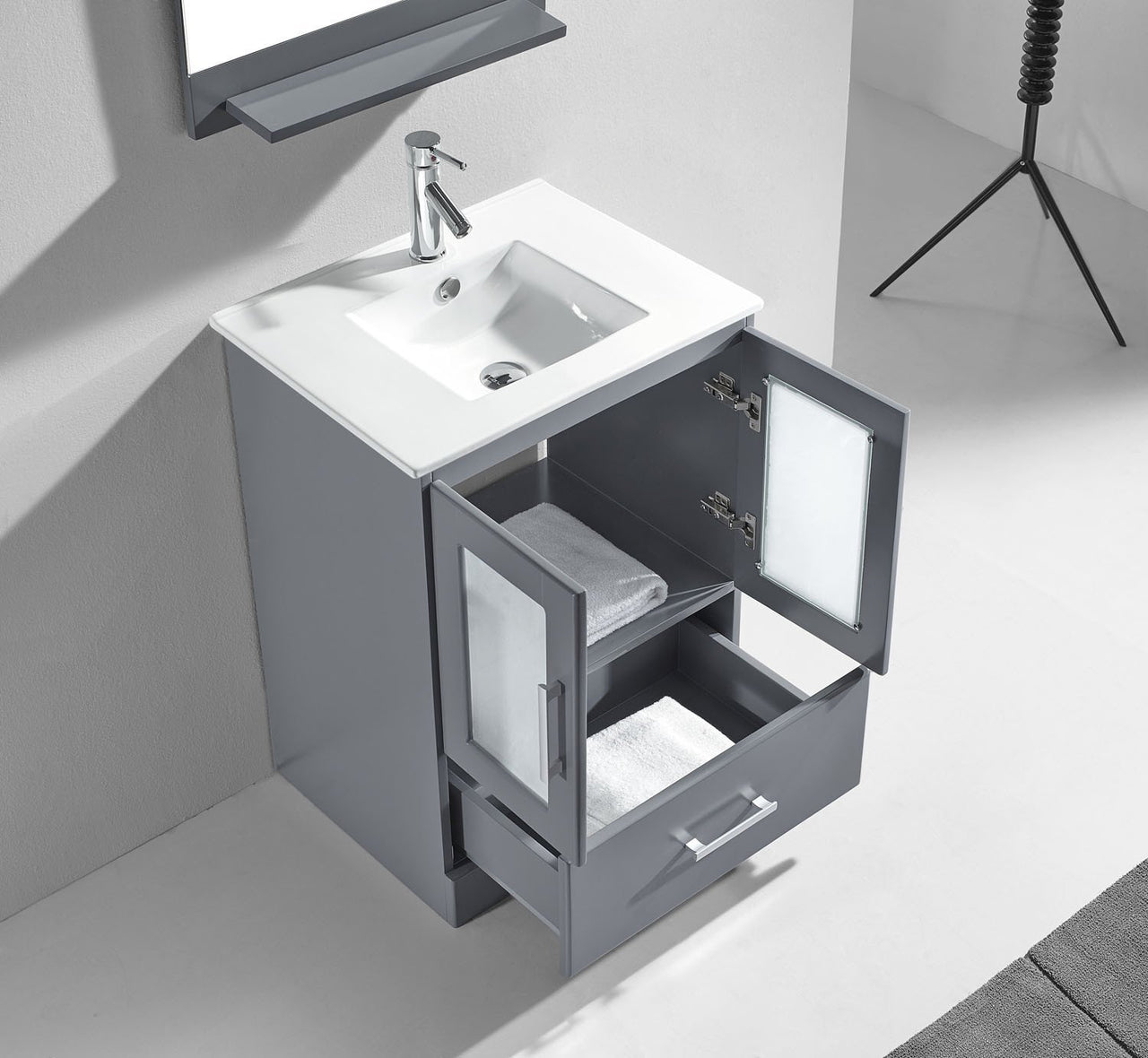 Virtu USA Zola 24" Single Square Sink Grey Top Vanity with Brushed Nickel Faucet and Mirror Vanity Virtu USA 
